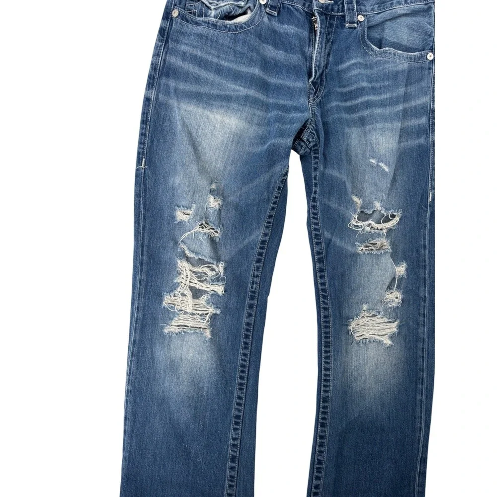 True Religion Straight Jeans Mens 34 Blue Distressed Ripped Denim Streetwear